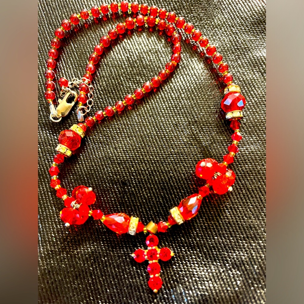 Beautiful Red Murano Glass & Crystal Cross Necklace